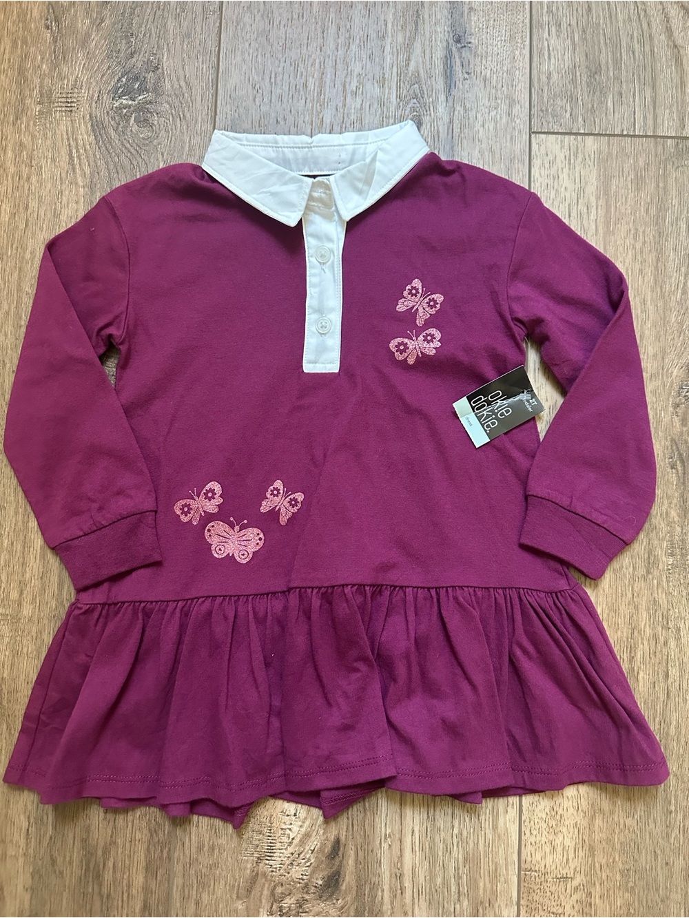 NWT! Okie Dokie Girl's Dress, Butterflies, Collar, Long‎ Sleeve, Burgundy, 2T